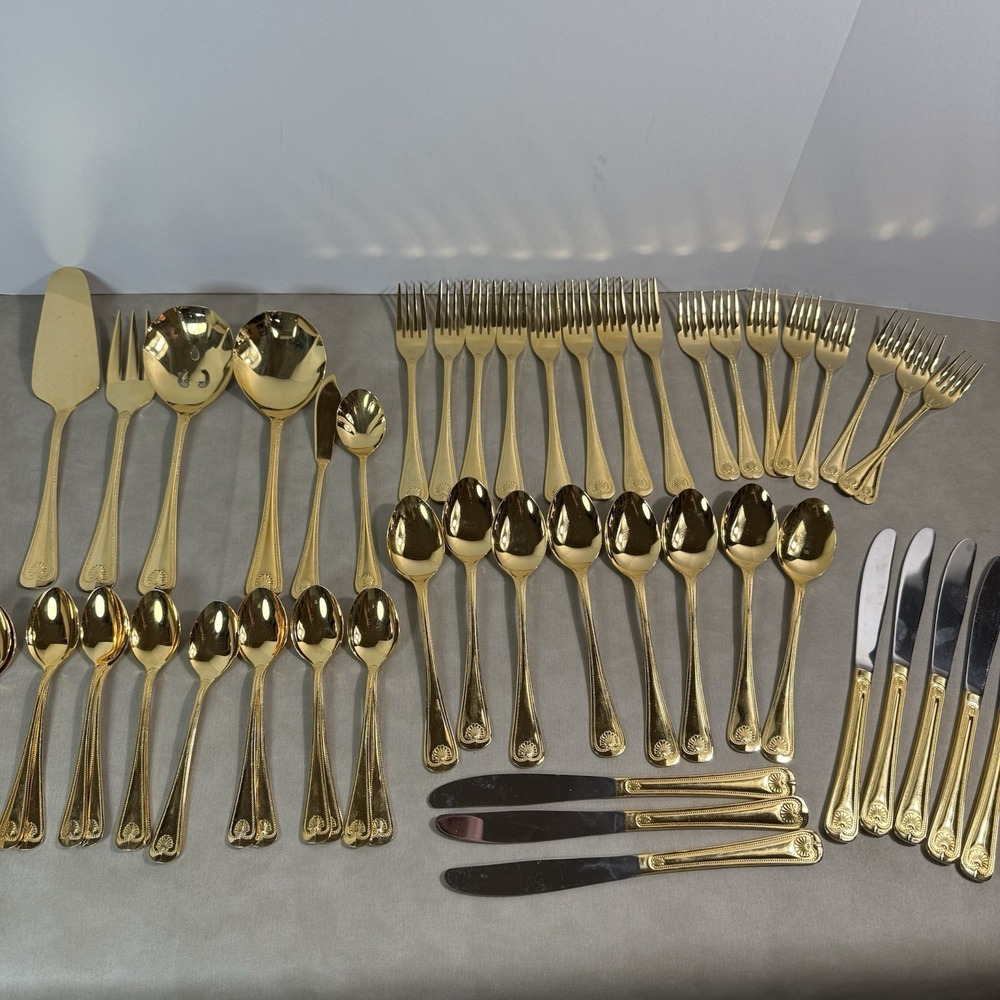 54 Piece Towle Abbey Shell Gold Plated Stainless Silverware JAPAN Complete